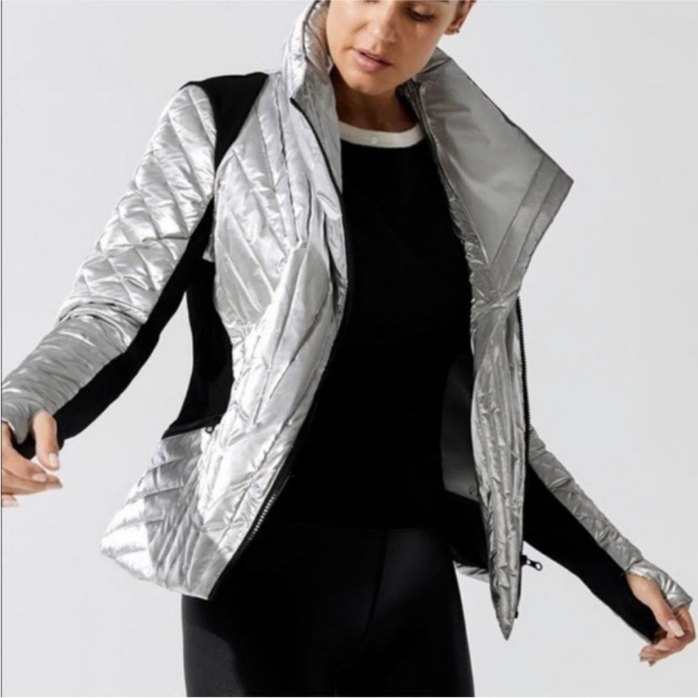 Blanc Noir silver metallic black snow puffer coat jacket m medium apre ski